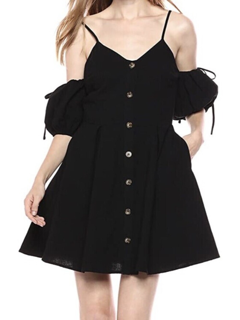 NWOT Women’s J.O.A V-Neck Cold Shoulder Button Up Fit & Flare Dress Black Size L